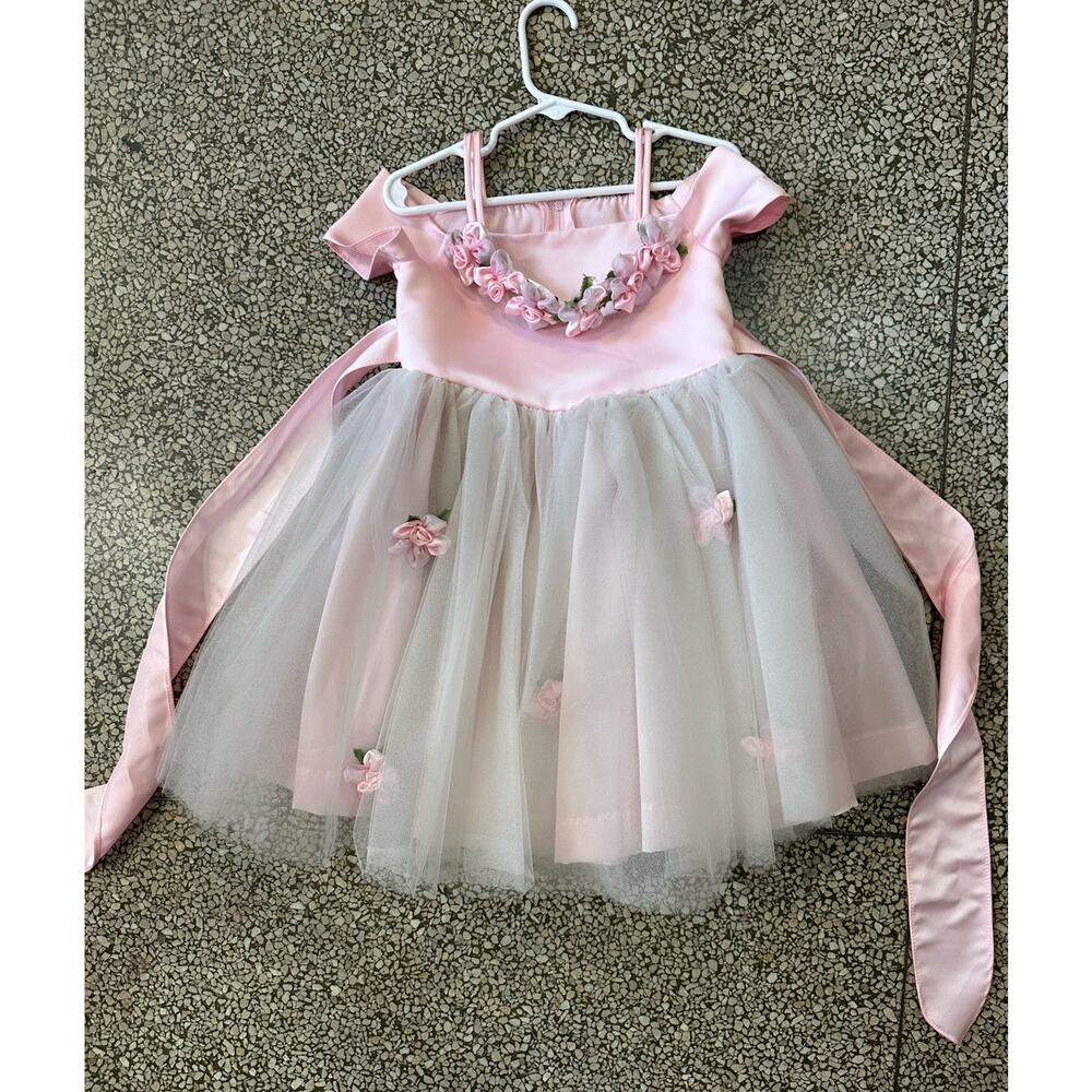 Vintage Toddler Princess Dress Pink Full Skirt Floral Pageant Party Costume 2T